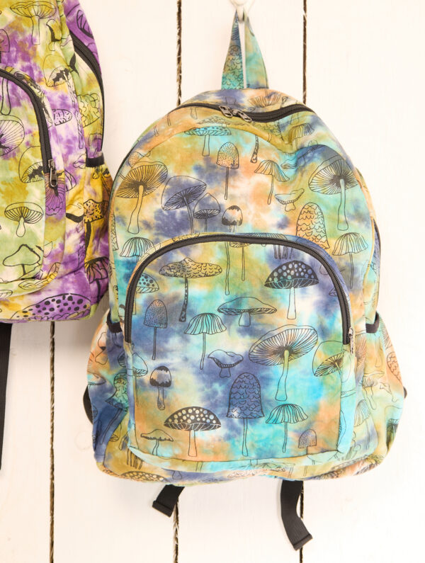 Blue tie dye mushroom backpack Wildwood Cornwall fairtrade