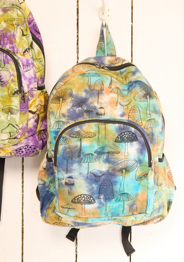 Blue tie dye mushroom backpack Wildwood Cornwall fairtrade