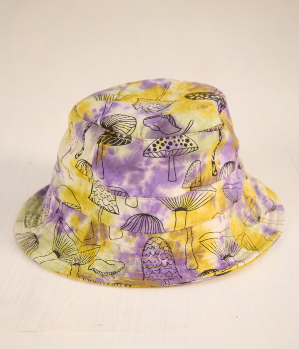 Tie dye mushroom bucket hat purple yellow Wildwood Cornwall