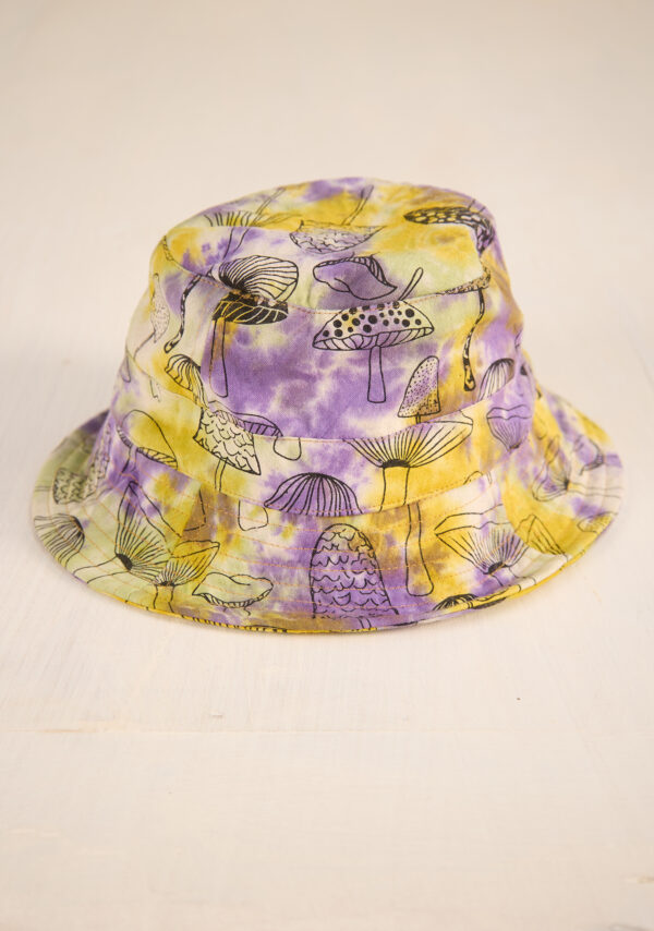 Tie dye mushroom bucket hat purple yellow Wildwood Cornwall