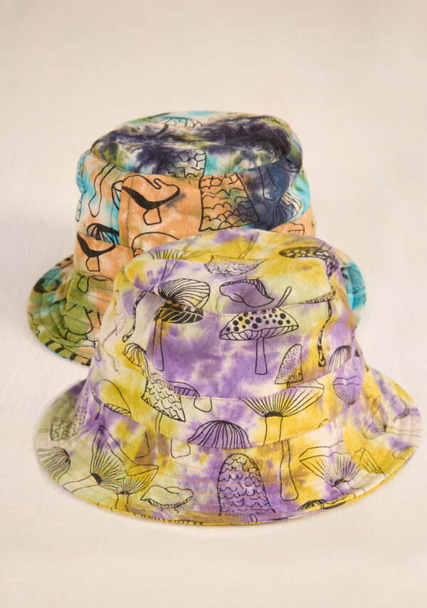 Tie dye mushroom bucket hats Wildwood Cornwall