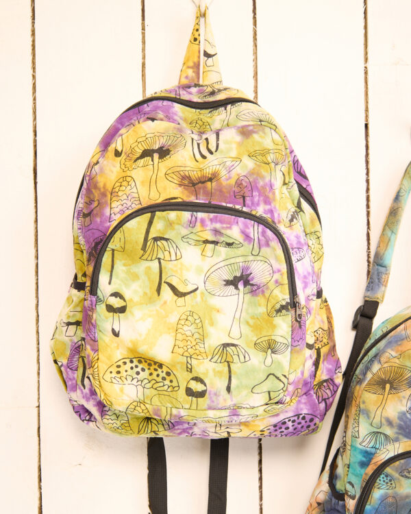 Yellow purple tie dye mushroom backpack Wildwood Cornwall