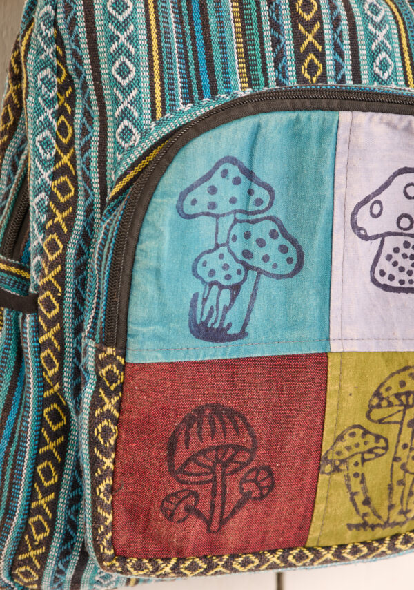 mushroom fair trade backpack patchwork wildwood