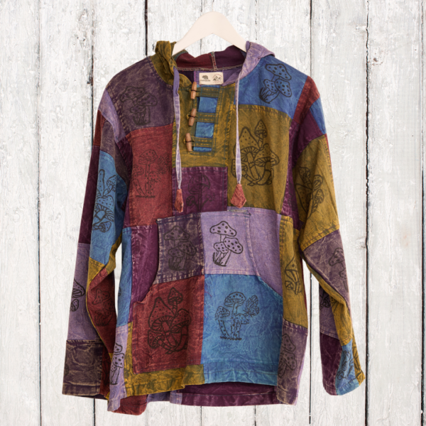 mushroom patchwork hooded top Wildwood Cornwall fair trade