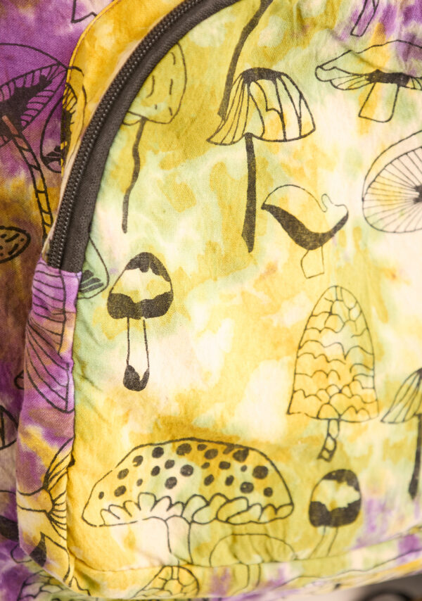 yellow purple tie dye mushroom backpack