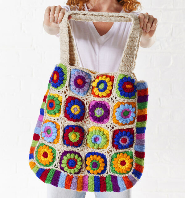 rainbow crochet granny square bag Wildwood Cornwall cream