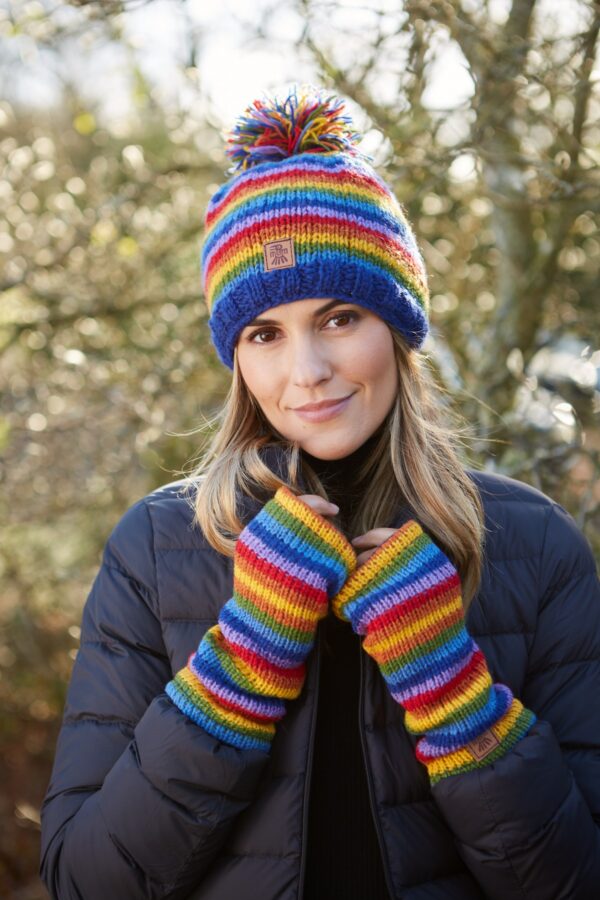 Pachamama rainbow bobble hat and wrist warmers Wildwood cornwall