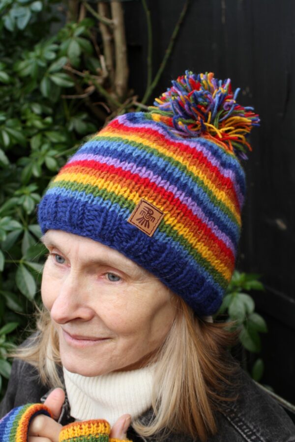 Rainbow NZ wool bobble hat Wildwood Cornwall