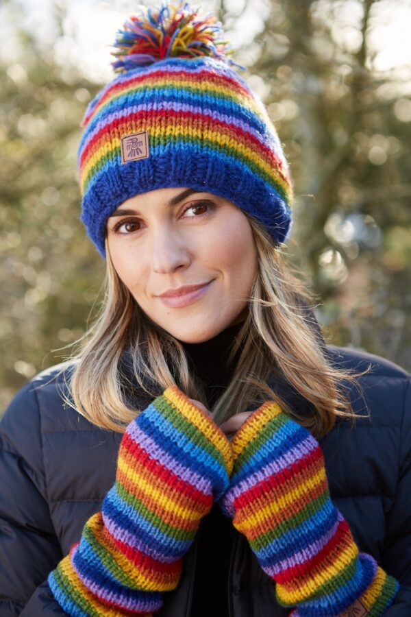 Rainbow bobble hat and wrist warmers Wildwood Cornwall