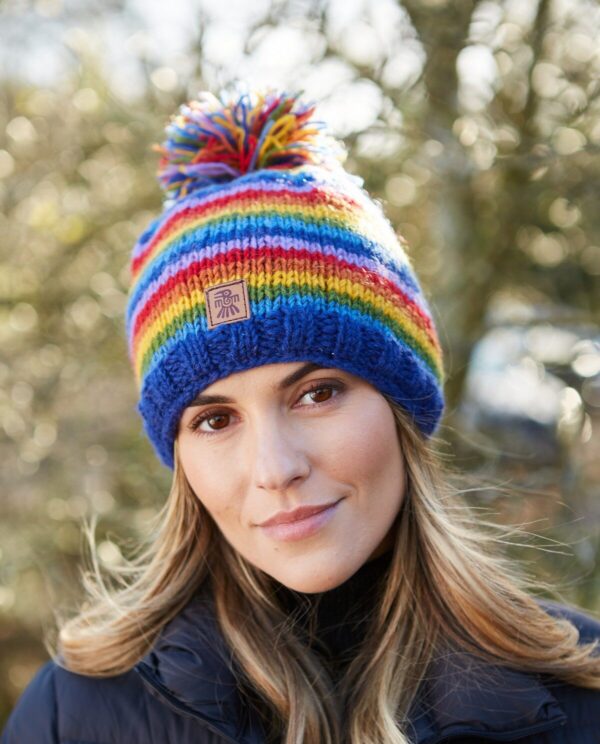 Rainbow bobble hat pachamama wildwood cornwall