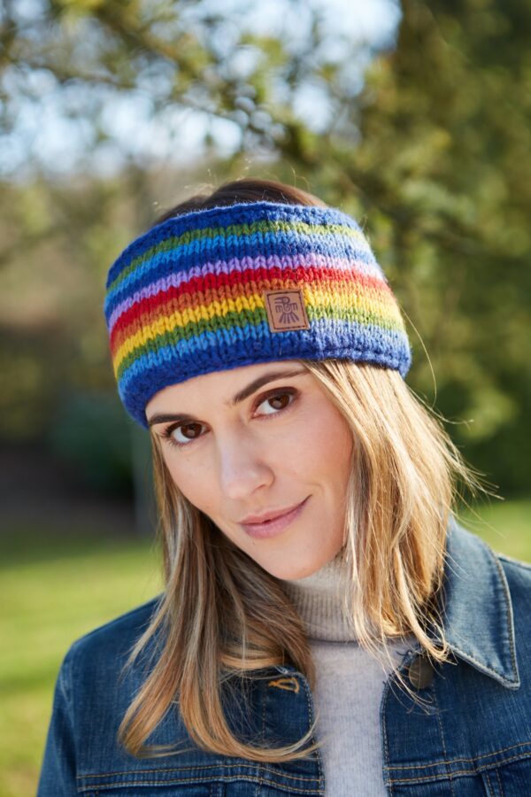 Rainbow knitted wool headband Pachamama Wildwood cornwall