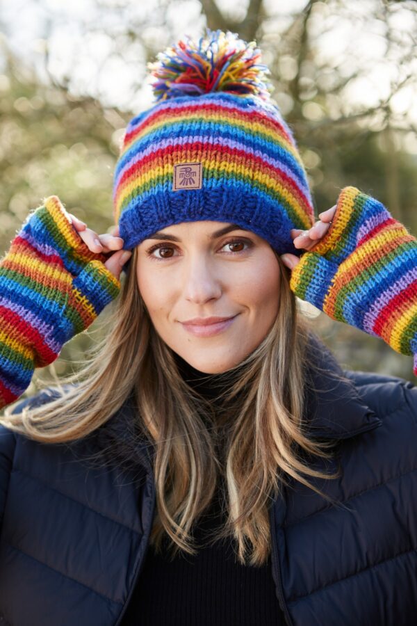 Rainbow pachamama bobble hat and fingerless gloves Wildwood cornwall