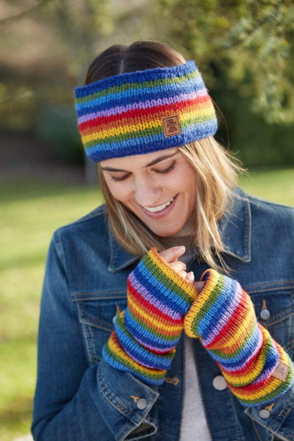 Rainbow pachamama headband and wrist warmers Wildwood cornwall