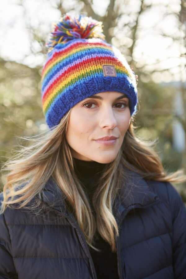 Rainbow wool bobble hat pachamama wildwood cornwall