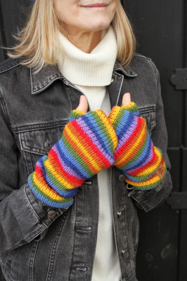 Rainbow wool fingerless gloves pachamama Wildwood cornwall