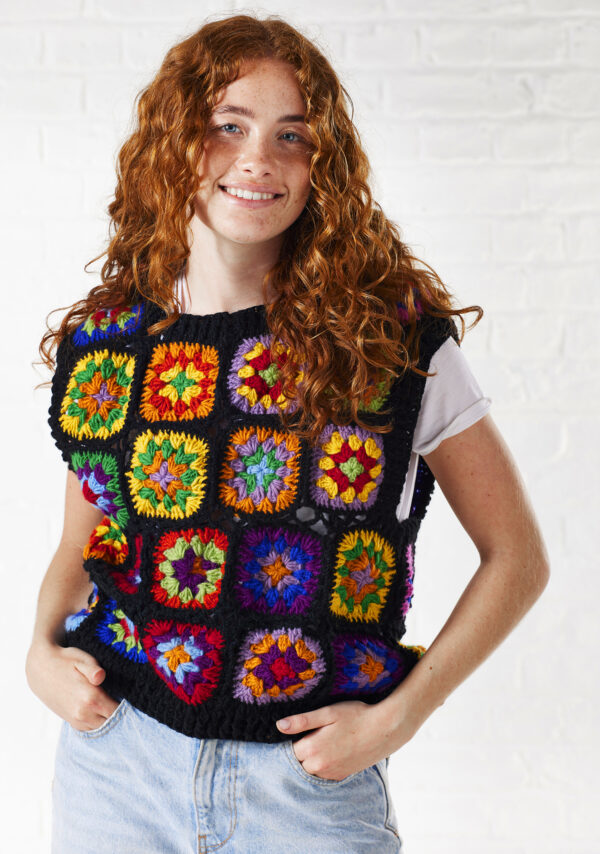 black crochet granny square vest multicoloured Wildwood Cornwall