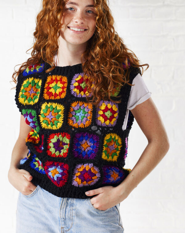 black crochet granny square vest multicoloured Wildwood Cornwall