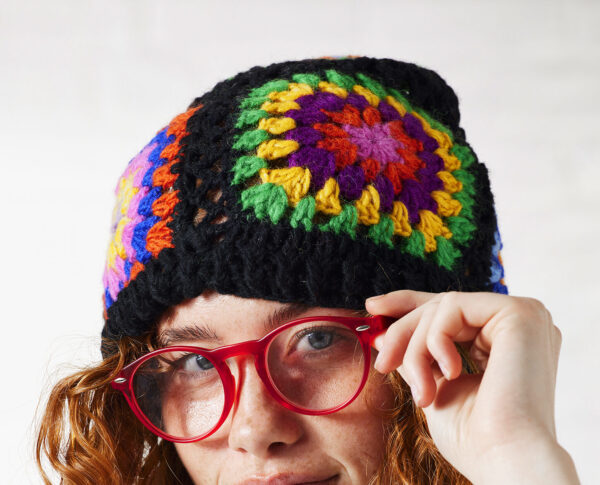 black multicoloured granny square crochet hat Wildwood cornwall