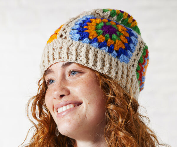 cream crochet beanie hat in rainbow wildwood cornwall