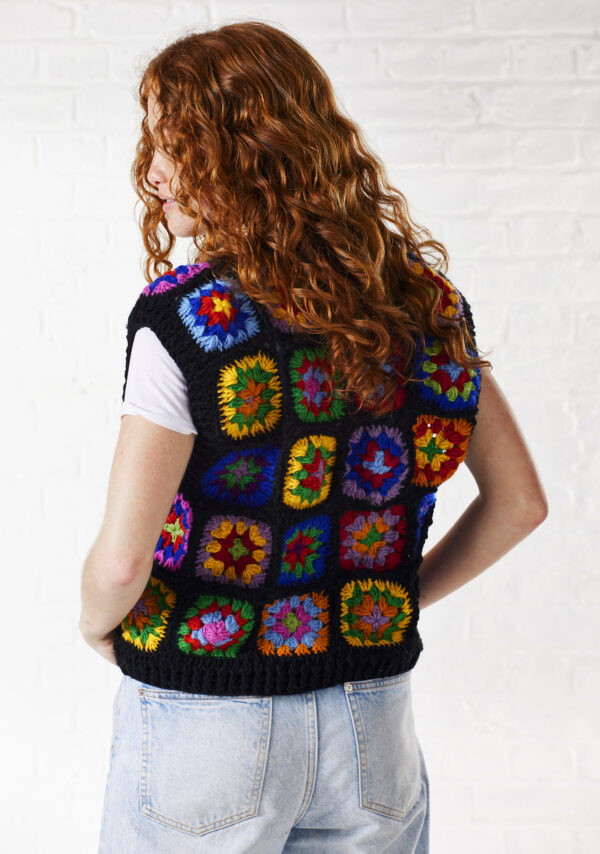 crochet granny square vest multicolour black Wildwood Cornwall