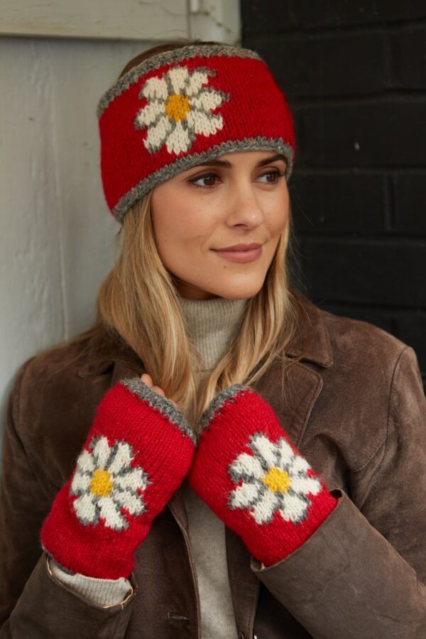 pachamama red vintage daisy headband and handwarmers Wildwood cornwall