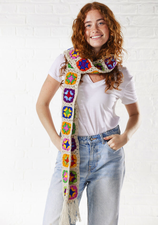 rainbow crochet granny square scarf cream wildwood cornwall