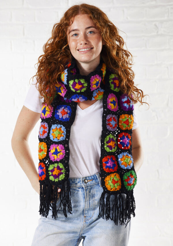 rainbow crochet granny square scarf in black Wildwood cornwall