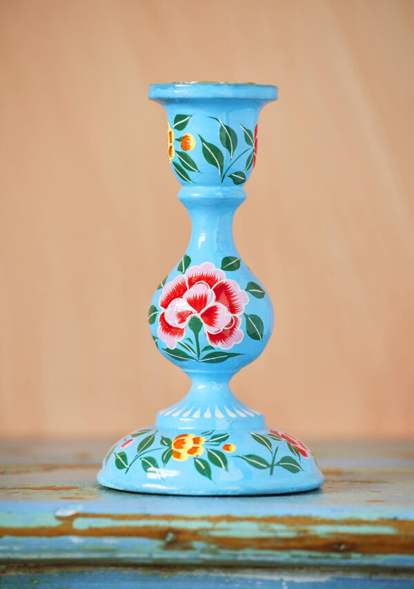 Blue Kashmiri painted candlestick Wildwood cornwall