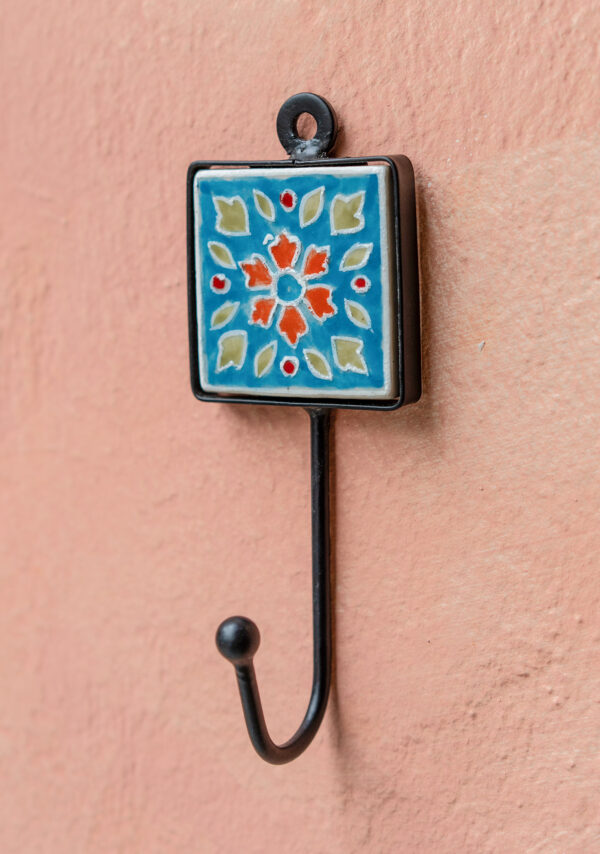 Blue ceramic square tile wall hook Wildwood Cornwall