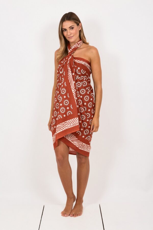 Rust orange pachamama printed sarong Wildwood cornwall