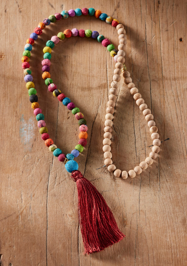 Wooden fair trade mala beads fabric rainbow wildwood cornwall